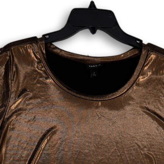 Womens Brown Metallic Liquid Shine Round Neck Pullover Blouse Top Size 1 image number 3