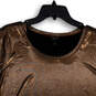 Womens Brown Metallic Liquid Shine Round Neck Pullover Blouse Top Size 1 image number 3