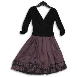 S. L. Fashions Womens Black Purple Surplice Neck Back Zip A-Line Dress Size 12