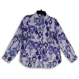 Womens Blue White Ikat Collared Long Sleeve Button-Up Shirt Size 8/10