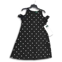 NWT Womens Black White Polka Dot Cold Shoulder Back Zip Short A-Line Dress 14