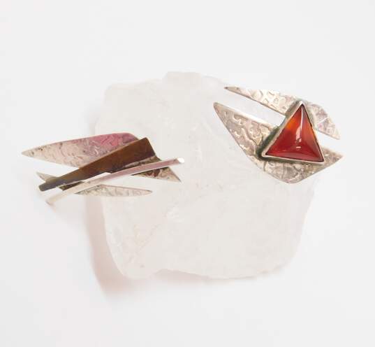 Signed S Sylvia Youell Navajo 925 & Copper Accent Modernist Carnelian Triangle Abstract Texture Stamped Drop Post Earrings 8.2g image number 6