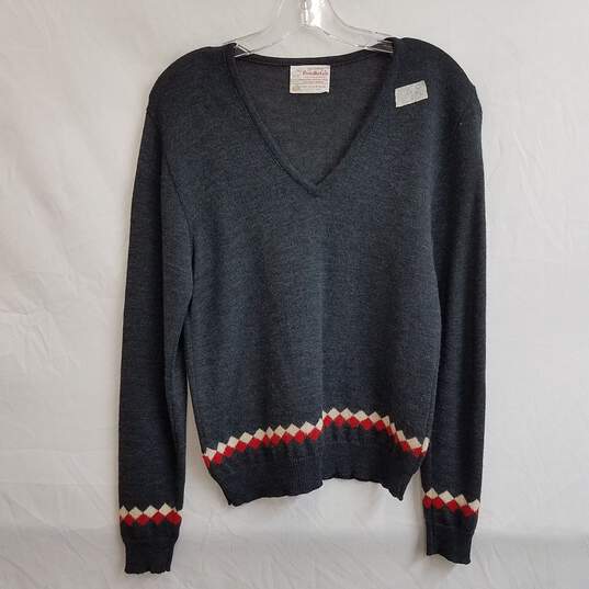 Vintage Young Pendleton navy blue v neck wool sweater with geometric trim image number 1