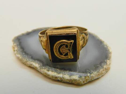 Vintage Gothic 10K Gold Onyx Initial G Monogram Ring 3.7g image number 1