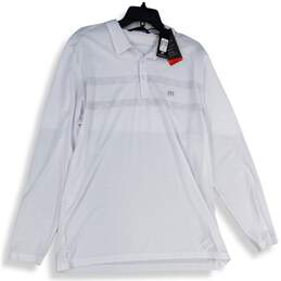 NWT Travis Mathew Mens White Striped Spread Collar Long Sleeve Polo Shirt Sz XL