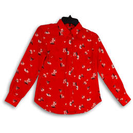 Womens Red Floral Long Sleeves Spread Collar Button-Up Shirt Size XXS P