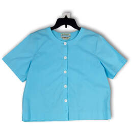Womens Blue Short Sleeve Wrinkle Free Regular Fit Button-Up Shirt Size L