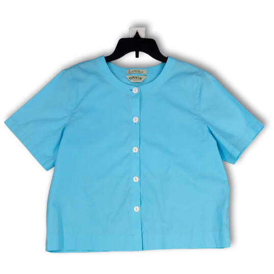 Womens Blue Short Sleeve Wrinkle Free Regular Fit Button-Up Shirt Size L image number 1