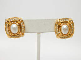 Christian Dior Faux Pearl Icy Rhinestone Gold-Tone Designer Clip Earrings