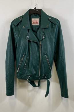 Levi's Womens Green Leather Belted Full Zip Motorcycle Jacket Size Large
