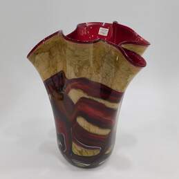 Patterned Beige Red Brown Art Glass Ruffle Vase Handmade In Poland