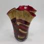 Patterned Beige Red Brown Art Glass Ruffle Vase Handmade In Poland image number 1