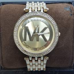 Michael Kors 39mm Gold Tone Crystal Bezel Unisex Quartz Watch In Box DAMAGED alternative image