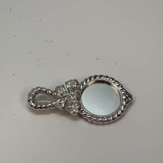Designer Swarovski Silver-Tone Crystal Cut Stone Hand Mirror Brooch Pin image number 3