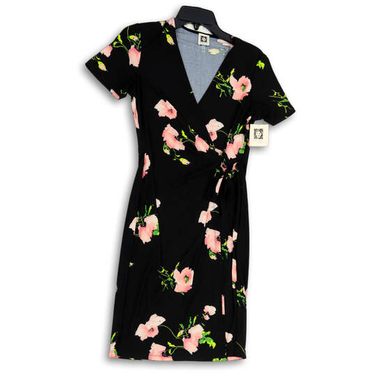 NWT Womens Black Floral V-Neck Short Sleeve Wrap Dress Size 4 image number 1