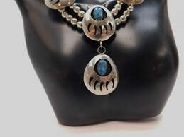Artisan Nickel Silver Southwestern Faux Turquoise Cabochons Shadowbox Bear Claw Pendants Ball Beaded Statement Necklace 73.3g alternative image