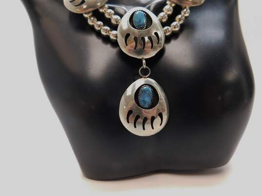 Artisan Nickel Silver Southwestern Faux Turquoise Cabochons Shadowbox Bear Claw Pendants Ball Beaded Statement Necklace 73.3g image number 2