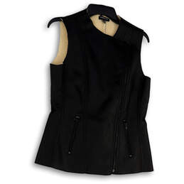 Womens Black Sleeveless Leather Asymmetrical Full-Zip Vest Size Small