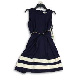NWT Calvin Klein Womens Navy Blue White Round Neck Fit & Flare Dress Size 8P