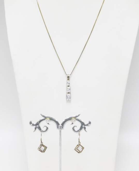 Contemporary 925 Vermeil Cubic Zirconia Moon & Star Sun & CZ Graduated Pendant Necklaces & Cube Drop & Post Earrings 16.1g image number 1