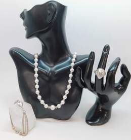 Artisan Sterling Silver Freshwater Pearl & Crystal Necklace Multi Strand Heart Bracelet & Chunky CZ Heart Ring 51.6g