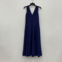 NWT Womens Blue Pleated V-Neck Sleeveless Midi Fit & Flare Dress Size 0