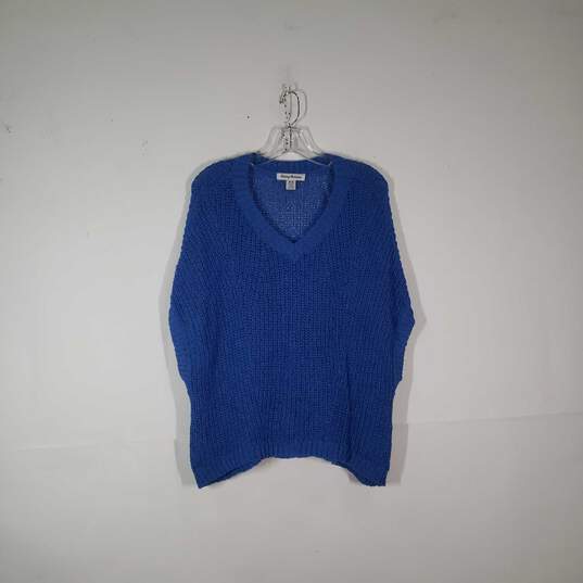 Womens Knitted V-Neck Short Sleeve Semi-Sheer Crochet Pullover Sweater Size M image number 1