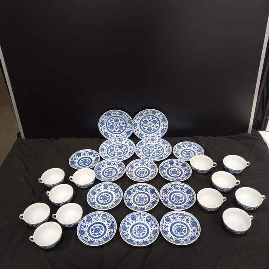 Chinese Blue Floral Teacups, Saucers, & Bread Plates 27pc Lot image number 2
