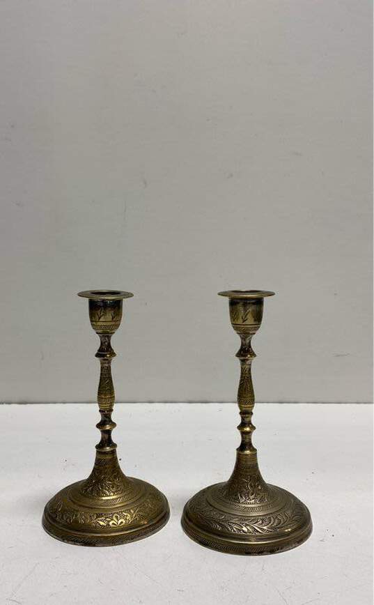 Brass and Bronze Set of 4 Candlesticks Metal Enamel Candle Holders image number 5