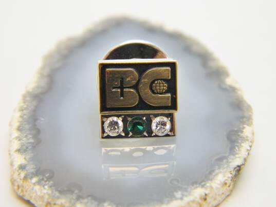 14K Gold Emerald 0.12 CTTW Diamond BC Company Logo Service Pin 3.9g image number 1