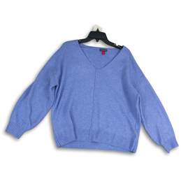 Womens Blue Tight Knit V-Neck Long Sleeve Pullover Sweater Size Large