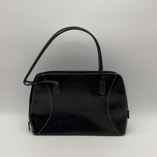 Womens Black Leather Zipper Inner Pockets Double Handle Shoulder Bag image number 1