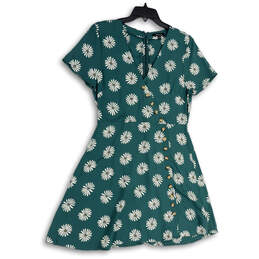 Womens Green Daisy Floral V-Neck Button Front Fit And Flare Dress Size 10