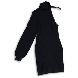 Anthropologie Womens Black Ribbed One Shoulder Mock Neck Pullover Sweater Size L
