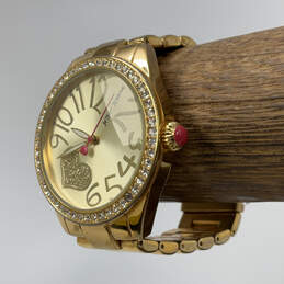 Designer Betsey Johnson Gold-Tone Round Dial Rhinestone Analog Wristwatch