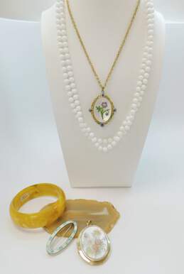 VNTG White Milk Glass, Enamel & Mixed Materials Floral Layering Jewelry Lot