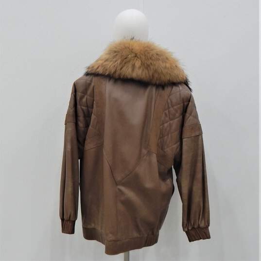VTG 1980s J. Percy for Marvin Richards Women's Brown Leather Fox Fur Trim Collar Jacket Size S image number 3