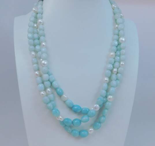 Artisan 925 Amazonite & White Pearls Beaded Multi Strand Statement Toggle Necklace 124g image number 1