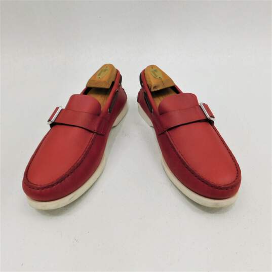 Ferragamo World Men's Red Leather Logo Buckle White Rubber Sole Boat Shoes / Loafers Size 11 with COA image number 1