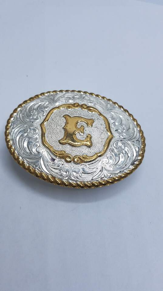 Crumrine Gold And Silver Smith Belt Buckle w / Letter" E" In The Center W/ Case 67.1 image number 7