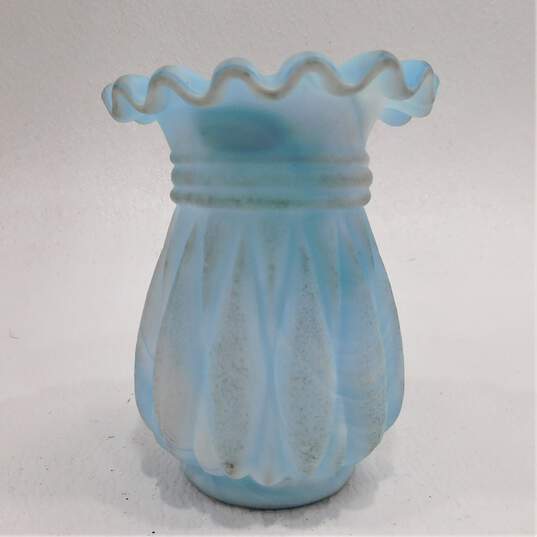 Kanawha Hand Crafted Glassware Melon Vase With Scalloped Edge Sky Blue Swirled image number 2