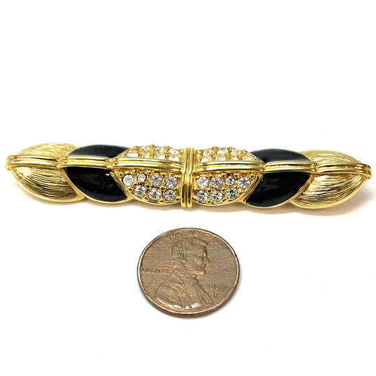 Designer Swarovski Gold-Tone Rhinestone Black Enamel Fashionable Brooch Pin image number 2