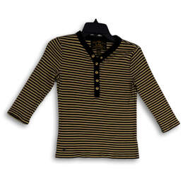Womens Black Tan Striped Henley Neck 3/4 Sleeve Pullover T-Shirt Size P/S