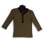 Womens Black Tan Striped Henley Neck 3/4 Sleeve Pullover T-Shirt Size P/S image number 1