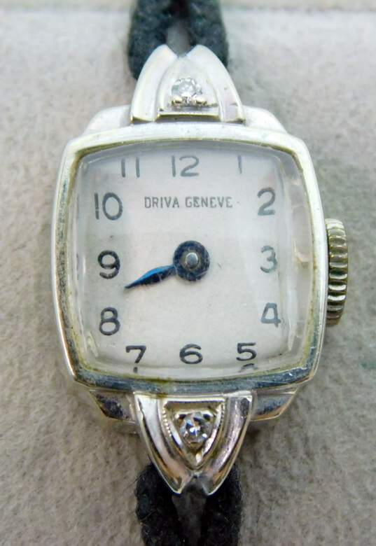 Vintage 14K White Gold Diamond Accent Case Driva Geneve 17 Jewel Mechanical Ladies Watch 10.1g image number 3