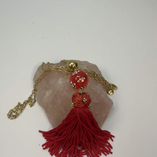 Designer J. Crew Gold-Tone Link Chain Red Beaded Tassel Pendant Necklace image number 3