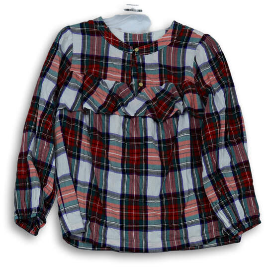 Womens Multicolor Plaid Long Sleeve Round Neck Button Blouse Top Size XS image number 1