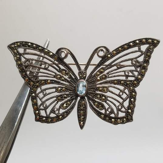 Sterling Silver Marcasite Blue Topaz Butterfly Brooch 12.8g image number 1