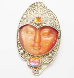 Sajen 925 Orange Cats Eye Carved Goddess Moon Face & Faceted Mystic Quartz Granulated Spirals Statement Pendant Brooch 46.5g