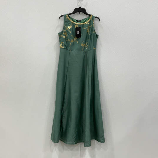 NWT Womens Green Floral Sequin Round Neck Sleeveless Maxi Dress Size Medium image number 1